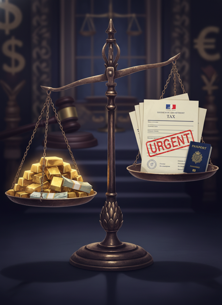 Illustration eines Steuerstreits mit Goldbarren und französischen Finanzdokumenten