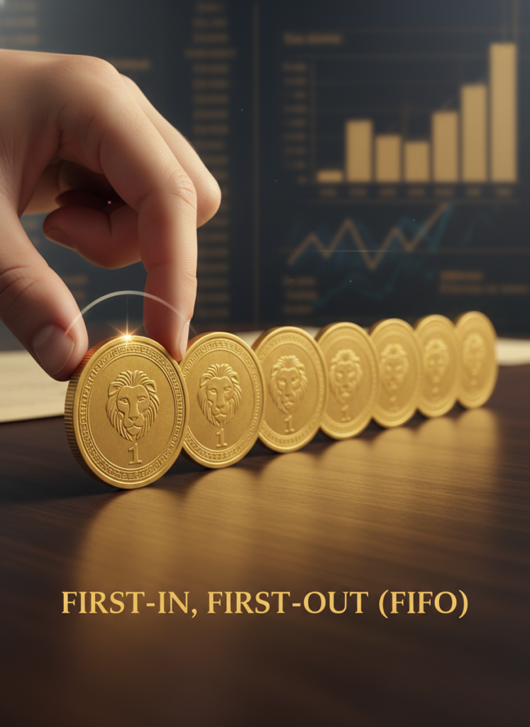 Welche steuerlichen Auswirkungen hat der Goldverkauf in Deutschland nach einem Jahr? 2 Eine Reihe von Goldmünzen demonstriert die FIFO-Methode