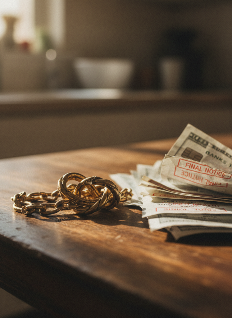 Alte Goldkette liegt auf unbezahlten Rechnungen auf einem Küchentisch