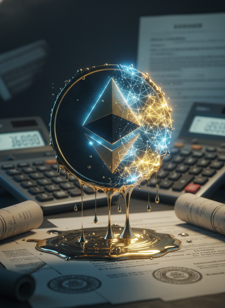 Eine schmelzende Ethereum-Münze, die sich verwandelt, symbolisiert das Liquid Staking und dessen steuerliche Komplexität.