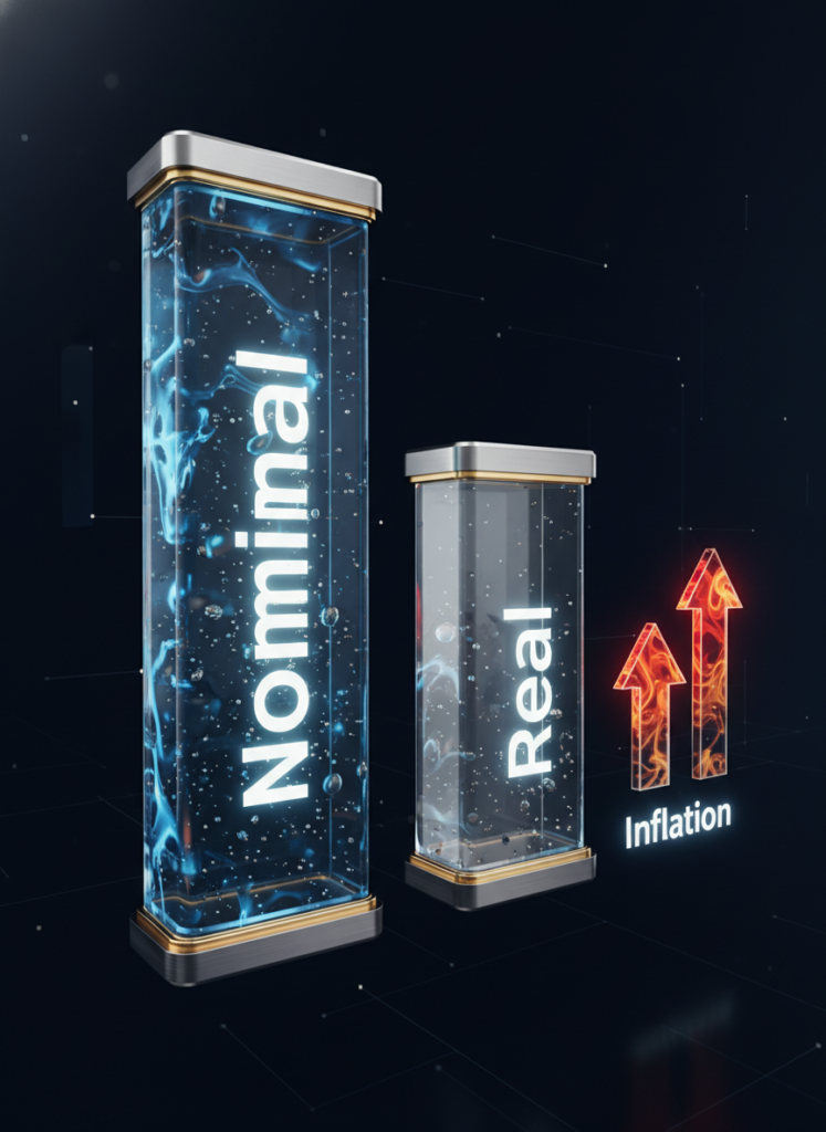 Fig 1: Vergleich zwischen nominalem und realem Leitzins USA mit Inflationskomponente