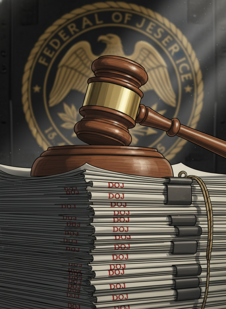 Gavel auf rechtlichen Dokumenten vor dem Hintergrund der Federal Reserve, symbolisiert die DOJ Untersuchung.