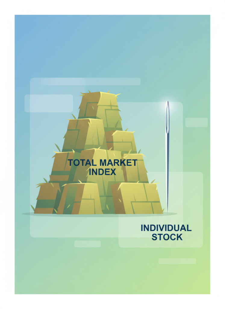 Illustration eines Heuhaufens, der den globalen Aktienmarkt symbolisiert, im Vergleich zur riskanten Suche nach der Nadel.