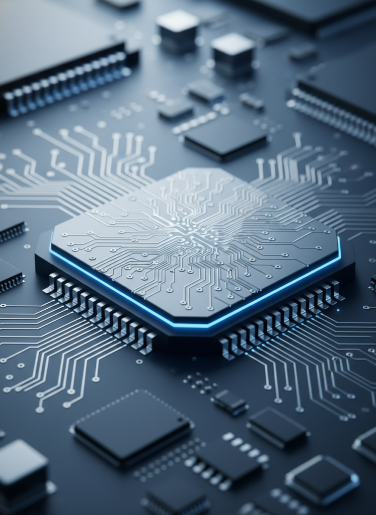 Silberne Leiterbahnen auf einem modernen KI-Mikrochip