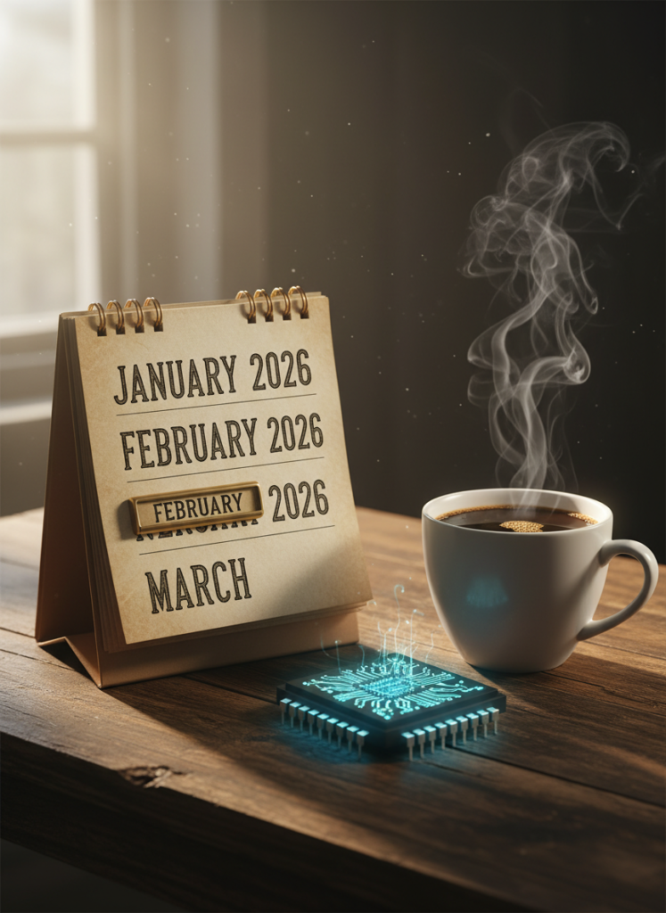 Ein Kalender 2026 neben einem Siliziumchip und Kaffee