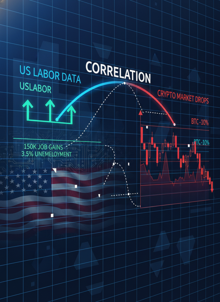 Grafik, die den inversen Zusammenhang zwischen starken US-Arbeitsmarktdaten und fallenden Kryptokursen illustriert