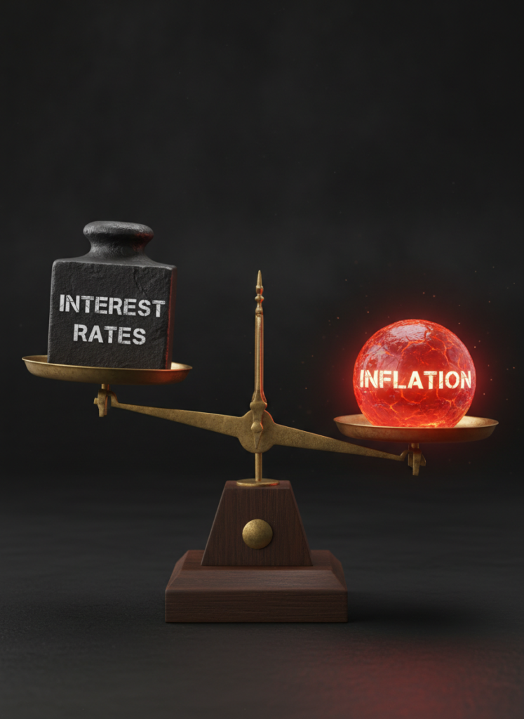 Waage symbolisiert das geldpolitische Dilemma zwischen Zinserhöhungen und Inflation