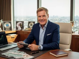 Dieter Bohlen im Luxusbüro mit Bargeld und Aktiencharts, ein Sinnbild für sein beachtliches Vermögen.
