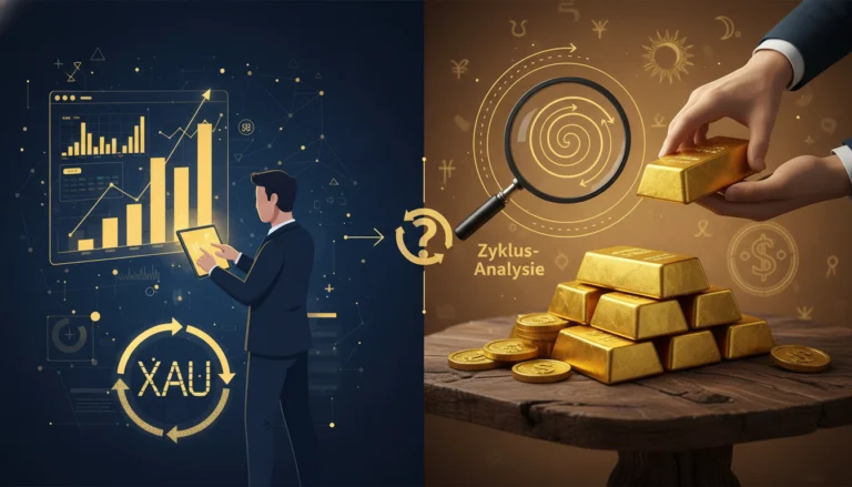Analyst betrachtet XAU-Charts neben einem Stapel physischem Gold unter einer Lupe für die Zyklus-Analyse.