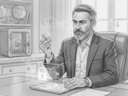 Geschäftsmann prüft physischen Goldbesitz am Schreibtisch während der digitale Euro auf einem Tablet erscheint.