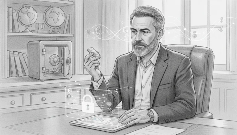 Geschäftsmann prüft physischen Goldbesitz am Schreibtisch während der digitale Euro auf einem Tablet erscheint.