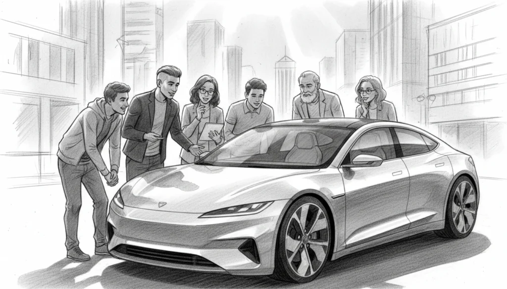 E-Auto-Förderung 2026: Deutschlands strategischer Neustart zur Demokratisierung der Elektromobilität 1 Detailreiche Bleistiftzeichnung einer vielfältigen Gruppe von Menschen, die gemeinsam ein modernes, erschwingliches Elektroauto in einer urbanen Kulisse begutachten, was technologischen Fortschritt und soziale Inklusion in der Mobilität darstellt.