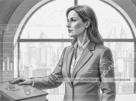 Geschäftsfrau blickt auf Skyline mit Grafiken zur Dividenden-Revolution 2026 und neuen Quellensteuer-Landschaft.