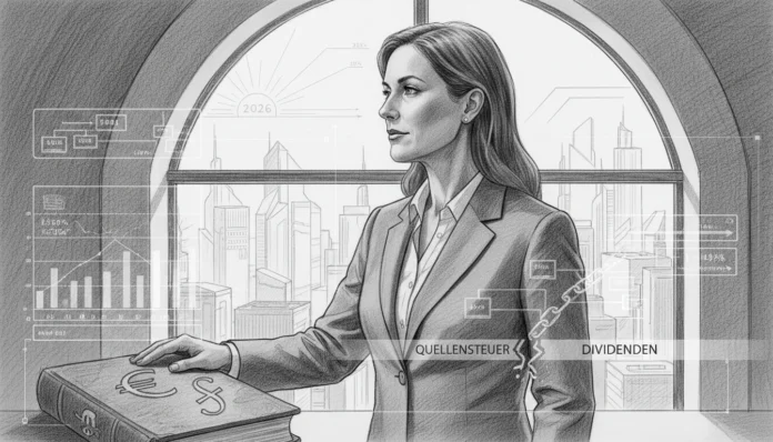 Geschäftsfrau blickt auf Skyline mit Grafiken zur Dividenden-Revolution 2026 und neuen Quellensteuer-Landschaft.