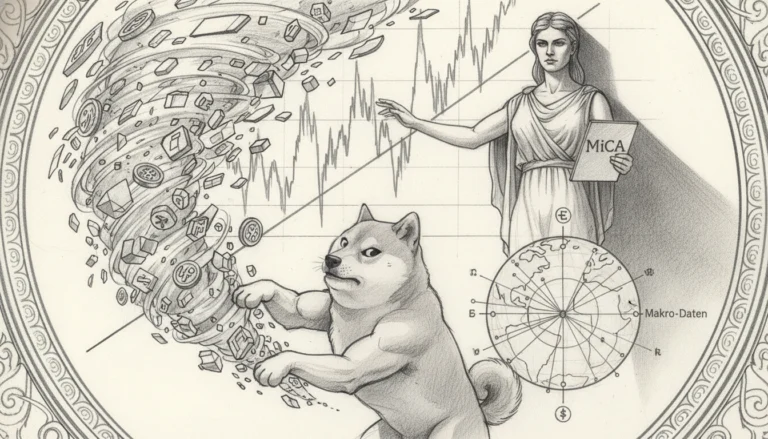 Doge bändigt Altcoin Volatilität im Wirbelsturm neben einer Göttin mit MiCA-Regulierung und globalen Makro-Daten.