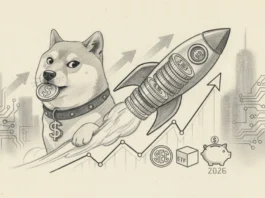 Eilmeldung: Dogecoin Kurs Spike heute – SEC, ETFs & Steuern 2026 Dogecoin Kurs Spike mit Rakete vor SEC Logo, ETF Symbol und Sparschwein für Steuern 2026 in einer Finanzgrafik.