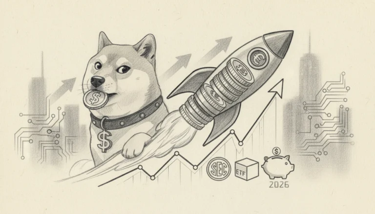 Dogecoin Kurs Spike mit Rakete vor SEC Logo, ETF Symbol und Sparschwein für Steuern 2026 in einer Finanzgrafik.