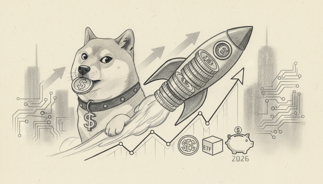 dogecoin-price-spike-sec-etf-taxes-2026.webp Dogecoin Kurs Spike mit Rakete vor SEC Logo, ETF Symbol und Sparschwein für Steuern 2026 in einer Finanzgrafik.