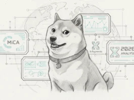 Shiba Inu sketch with MiCA and X-Payments UI panels for a 2026 Dogecoin social integration analysis.