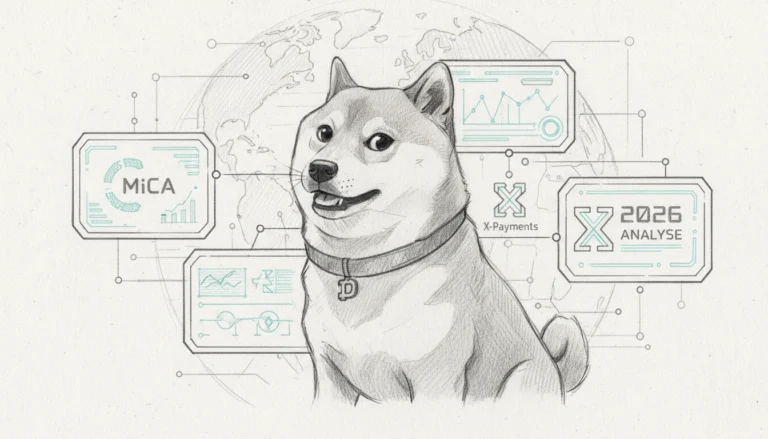 Shiba Inu sketch with MiCA and X-Payments UI panels for a 2026 Dogecoin social integration analysis.