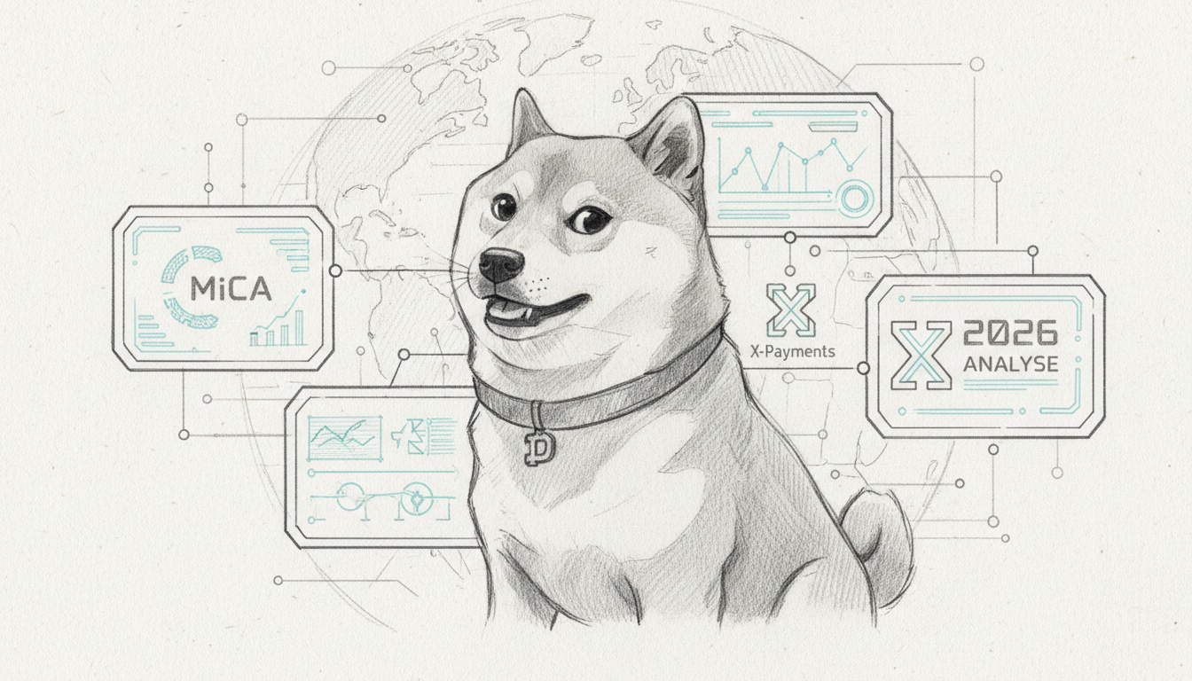 dogecoin-social-integration-2026-mica-x-payments.webp Shiba Inu sketch with MiCA and X-Payments UI panels for a 2026 Dogecoin social integration analysis.