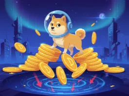 Dogecoin und die spekulative Verschiebung: Ein Realitätscheck für Anleger 2026 Dogecoin-Hund im All über fallenden Münzen zeigt die spekulative Verschiebung für Anleger im Realitätscheck 2026.
