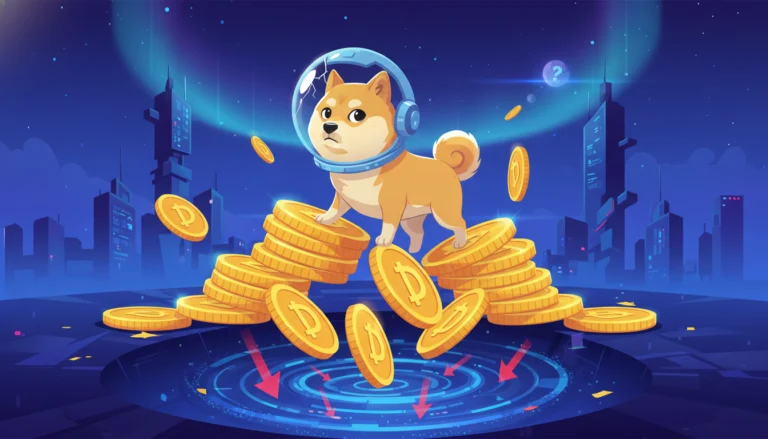Dogecoin-Hund im All über fallenden Münzen zeigt die spekulative Verschiebung für Anleger im Realitätscheck 2026.