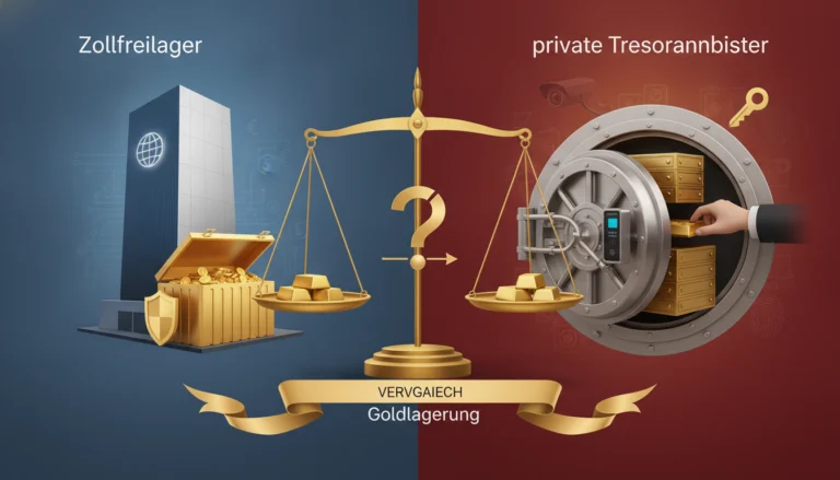 Goldene Waage im Vergleich zwischen Zollfreilager und privaten Tresoranbietern für die sichere Goldlagerung.