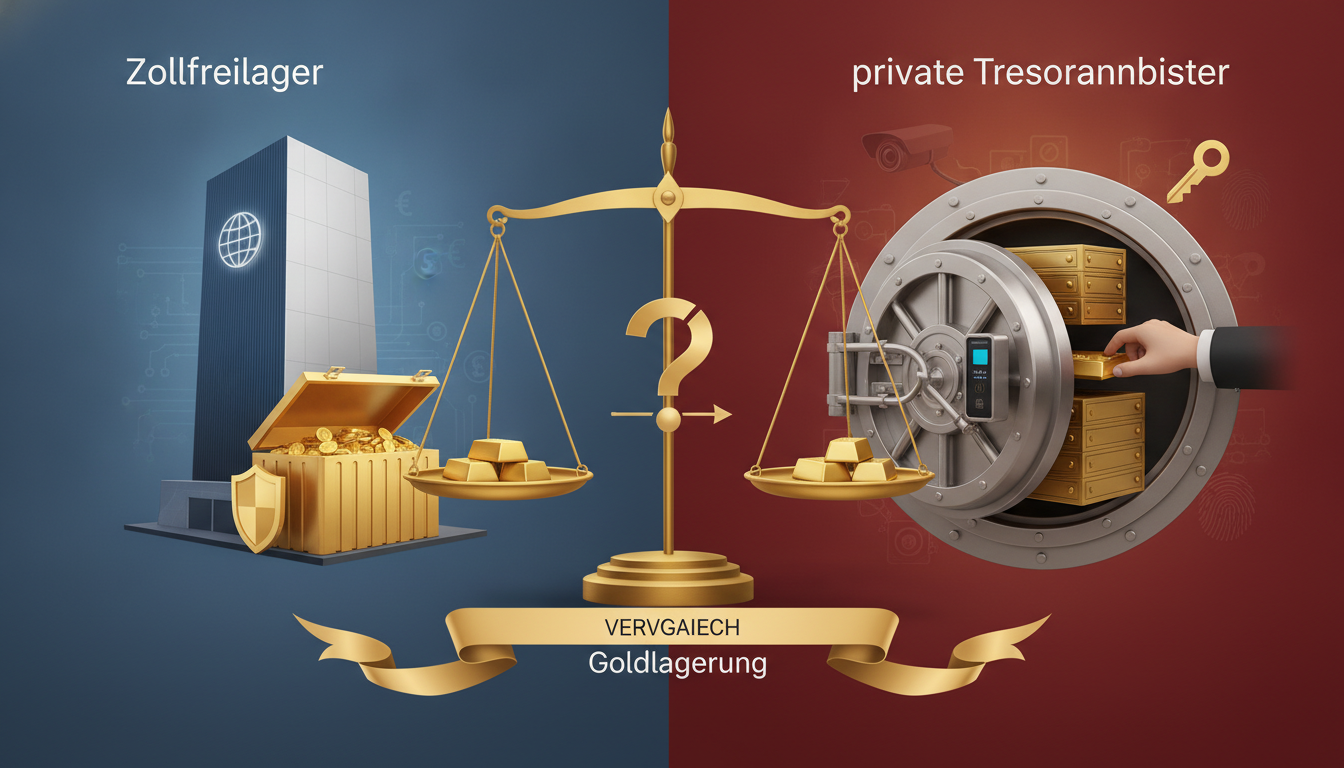 Goldene Waage im Vergleich zwischen Zollfreilager und privaten Tresoranbietern für die sichere Goldlagerung.