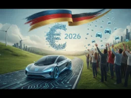 Eine futuristische Grafik zur E-Auto-Förderung 2026 in Deutschland. Ein silbernes Elektroauto fährt auf einer digital vernetzten Straße. Im Zentrum steht ein aus Schaltkreisen geformtes Euro-Symbol mit der Jahreszahl 2026 unter einer wehenden Deutschlandflagge. Eine begeisterte Menschenmenge blickt auf aufsteigende Fahrzeug-Icons, umgeben von einer grünen Landschaft mit Windrädern und Solaranlagen, die den Aufbruch in eine nachhaltige und demokratisierte Elektromobilität symbolisieren.