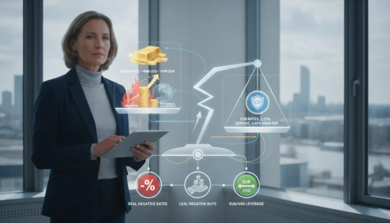 Geschäftsfrau analysiert eine digitale Grafik über EZB Zinsen und den Goldpreis für deutsche Anleger im Büro.