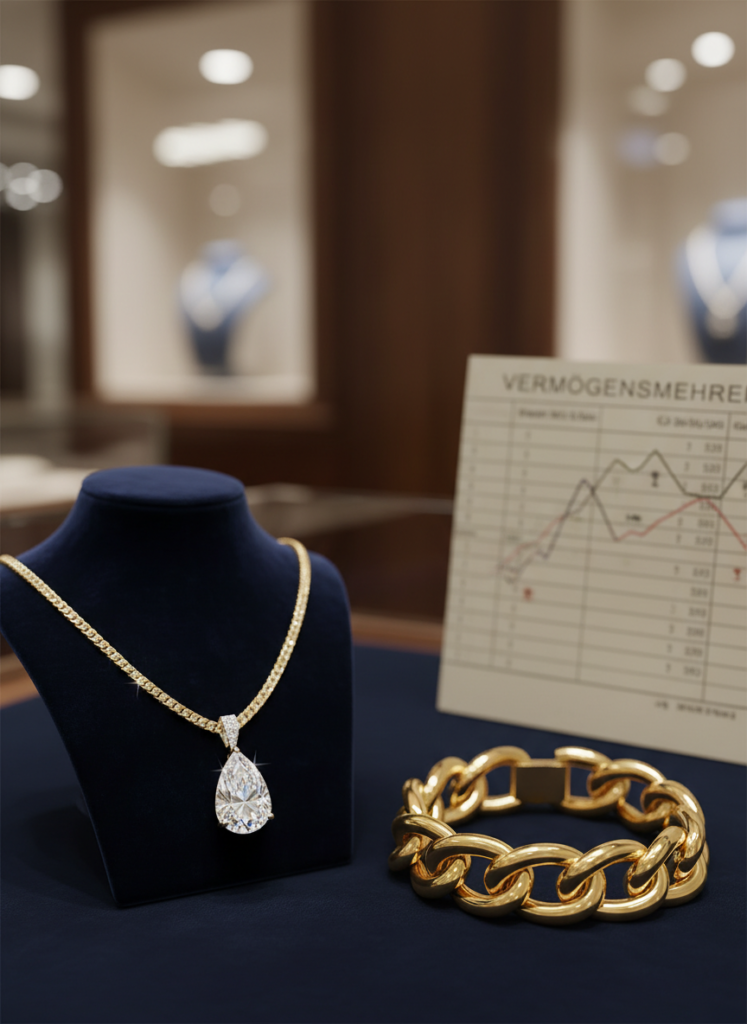 Elegantes Schmuckgeschäft Auslage mit Bilanz im Hintergrund