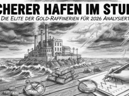 Sicherer Hafen im Sturm: Gold-Raffinerie auf einer Insel mit Goldbarren und Analyse-Grafik der Elite für 2026.