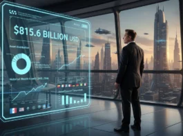 Elon Musk vor einem Hologramm, das sein immenses Vermögen und historische Wachstumsdaten in einer Sci-Fi-Stadt zeigt.