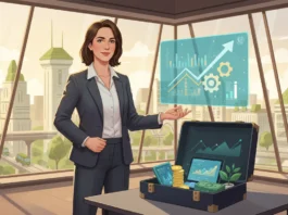 Geschäftsfrau präsentiert die Wirtschaftswende 2026 mit Wachstums-Charts für ein optimiertes Finanz-Portfolio.