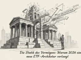 Die Statik des Vermögens: Warum 2026 eine neue ETF-Architektur verlangt Ein Mann vor einem monumentalen Gebäude aus ETF-Blöcken symbolisiert die Statik des Vermögens und ETF-Architektur 2026.