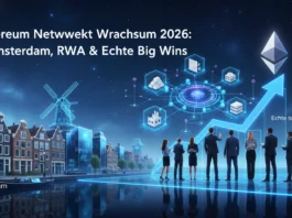 Ethereum Netzwerk Wachstum 2026: Glamsterdam, RWA & Echte Big Wins Geschäftsleute vor futuristischem Amsterdam mit Ethereum-Logo, RWA-Icons und steilem Wachstumspfeil für 2026.