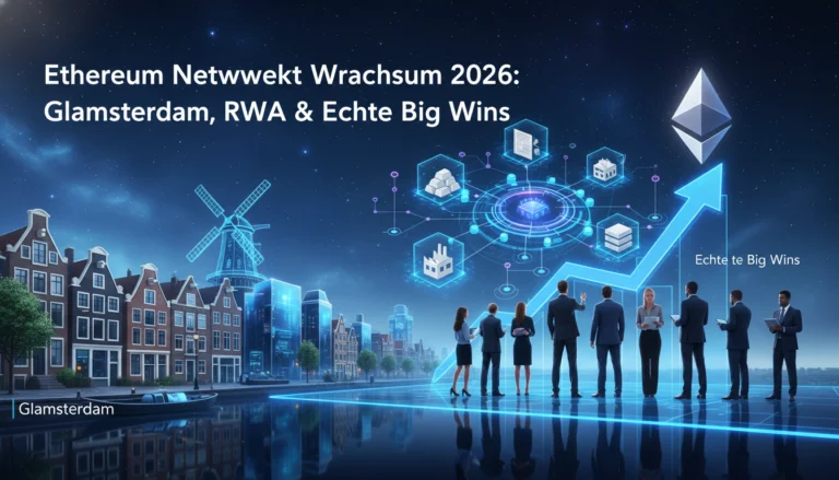 Geschäftsleute vor futuristischem Amsterdam mit Ethereum-Logo, RWA-Icons und steilem Wachstumspfeil für 2026.