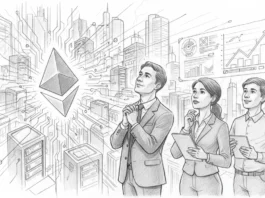 Deutsche Anleger betrachten das Ethereum-Logo vor einer digitalen Stadt zum Abschluss des Ethereum-Netzwerk-Upgrades.
