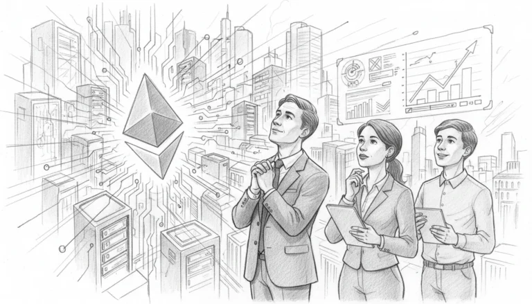 Deutsche Anleger betrachten das Ethereum-Logo vor einer digitalen Stadt zum Abschluss des Ethereum-Netzwerk-Upgrades.