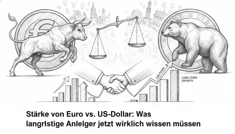 Bulle und Bär neben Euro und US-Dollar Münzen mit Waage zur Analyse der Währungsstärke für langfristige Anleger.