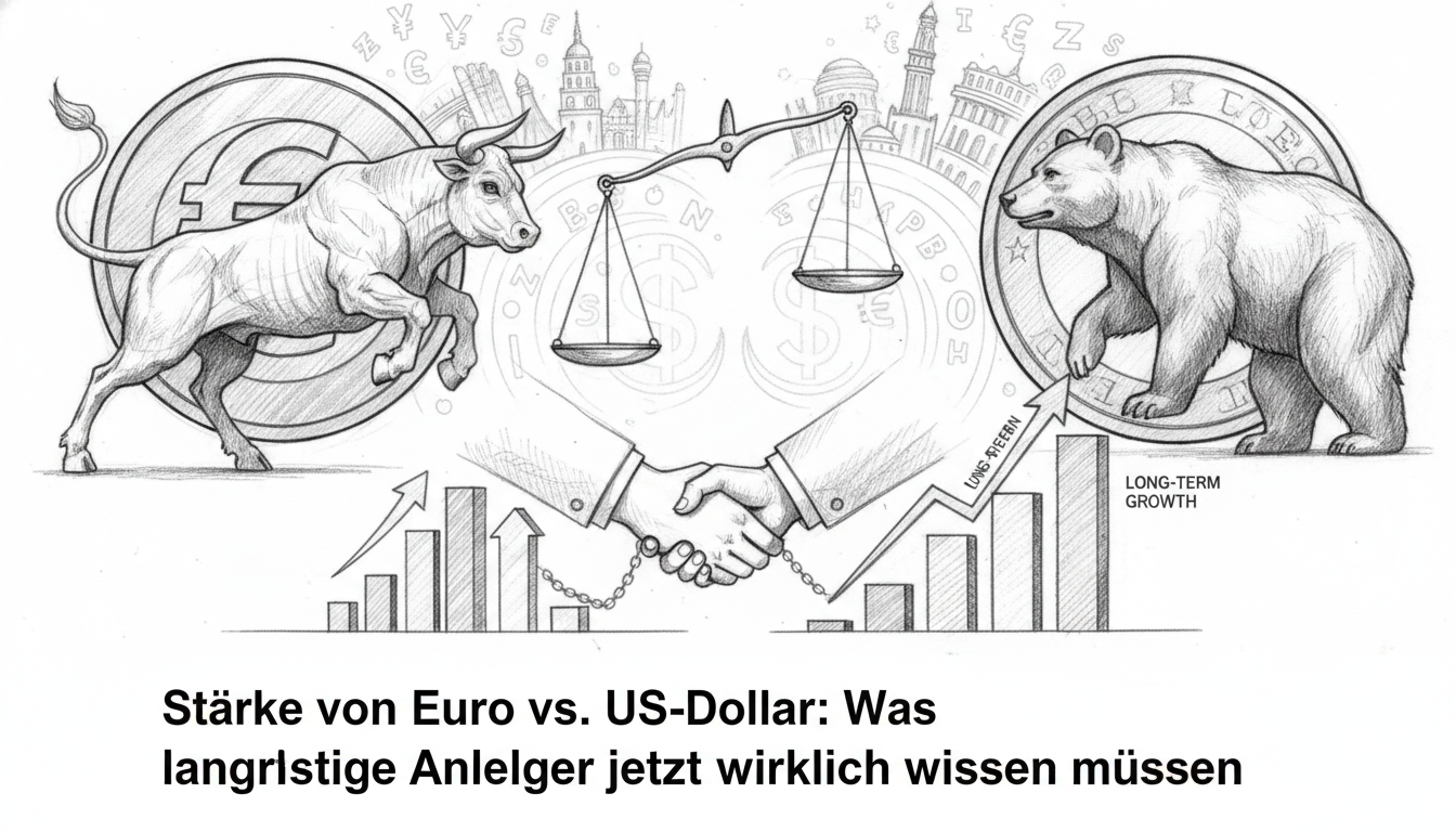 euro-vs-us-dollar-strength-long-term-investors.webp Bulle und Bär neben Euro und US-Dollar Münzen mit Waage zur Analyse der Währungsstärke für langfristige Anleger.