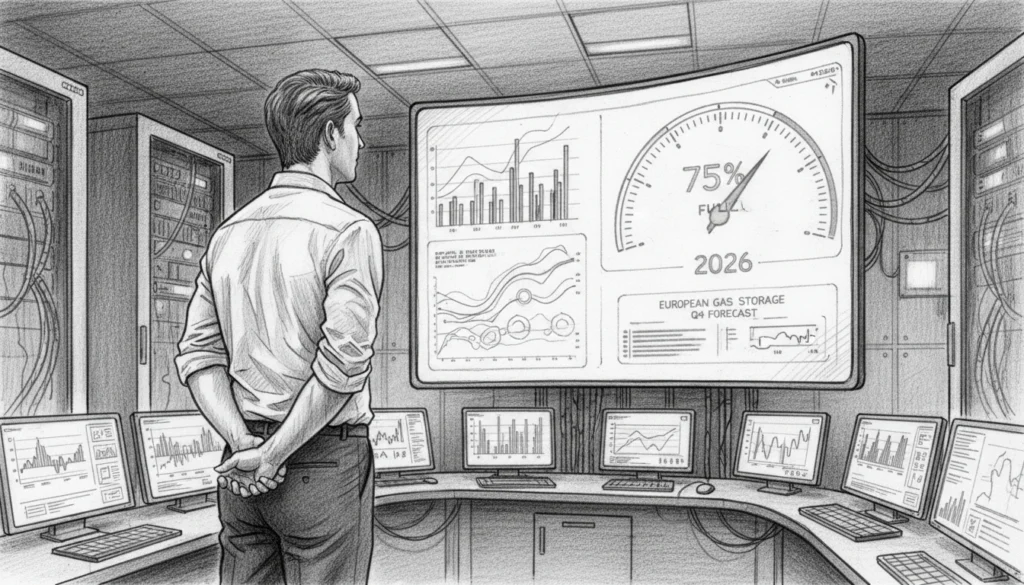 Gasspeicherfüllstände 2026: Steuert Deutschland auf eine neue Gaskrise zu? 1 Eine Bleistiftzeichnung eines Analysten in einem Kontrollraum, der auf einen großen Monitor blickt. Der Bildschirm zeigt eine Prognose für die europäischen Gasspeicherfüllstände im 4. Quartal 2026 mit einer Anzeige von 75 % sowie verschiedene Balken- und Liniendiagramme zur Datenvisualisierung.
