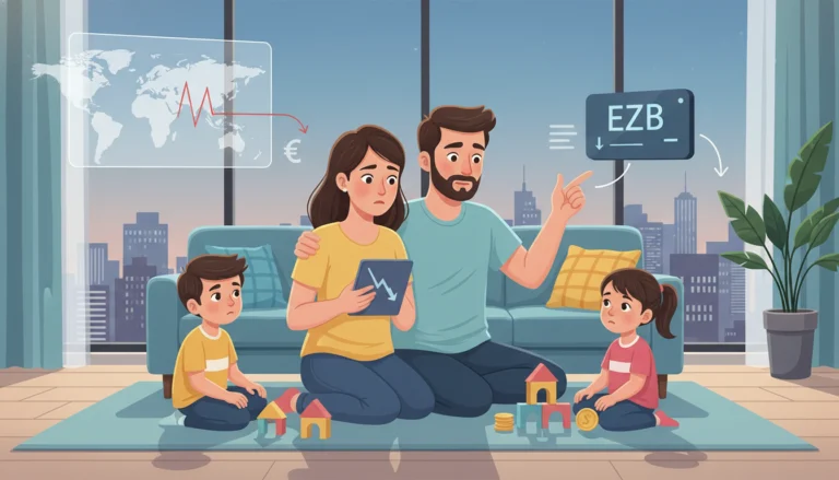 Besorgte Familie beobachtet EZB Zinssenkungssignale und Iran-Schock Auswirkungen auf digitalen Grafiken.