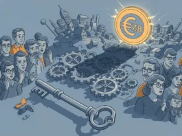 Besorgte Bürger vor einer EZB-Münze, welche die drastischen Auswirkungen der Zinswende auf die Gesellschaft zeigt.