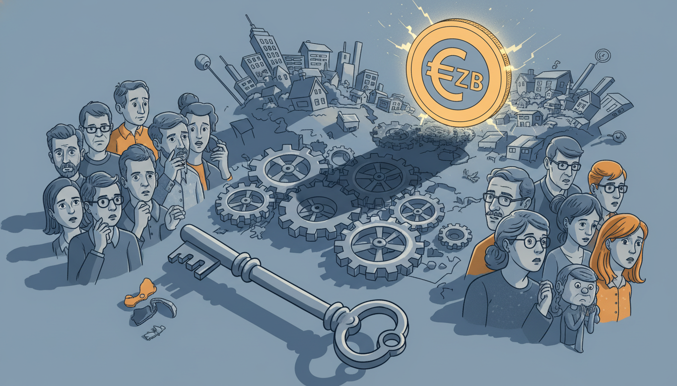 ezb-zinswende-auswirkungen-gesellschaft.webp Besorgte Bürger vor einer EZB-Münze, welche die drastischen Auswirkungen der Zinswende auf die Gesellschaft zeigt.