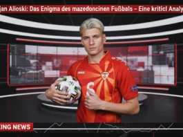 Ezgjan Alioski: Das Enigma des mazedonischen Fußballs – Eine kritische Analyse 3D render of Ezgjan Alioski in a red jersey holding a ball in a news studio for a mazedonischer Fußball analysis.