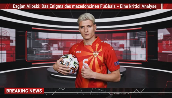 3D render of Ezgjan Alioski in a red jersey holding a ball in a news studio for a mazedonischer Fußball analysis.