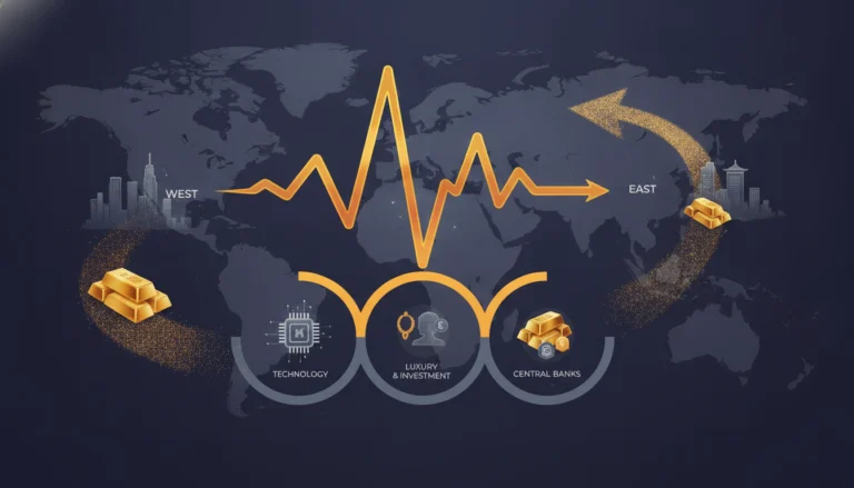 Weltkarte mit goldenem Kursverlauf von West nach Ost sowie Symbolen für Industrie und Banken zur Faszination von Gold.