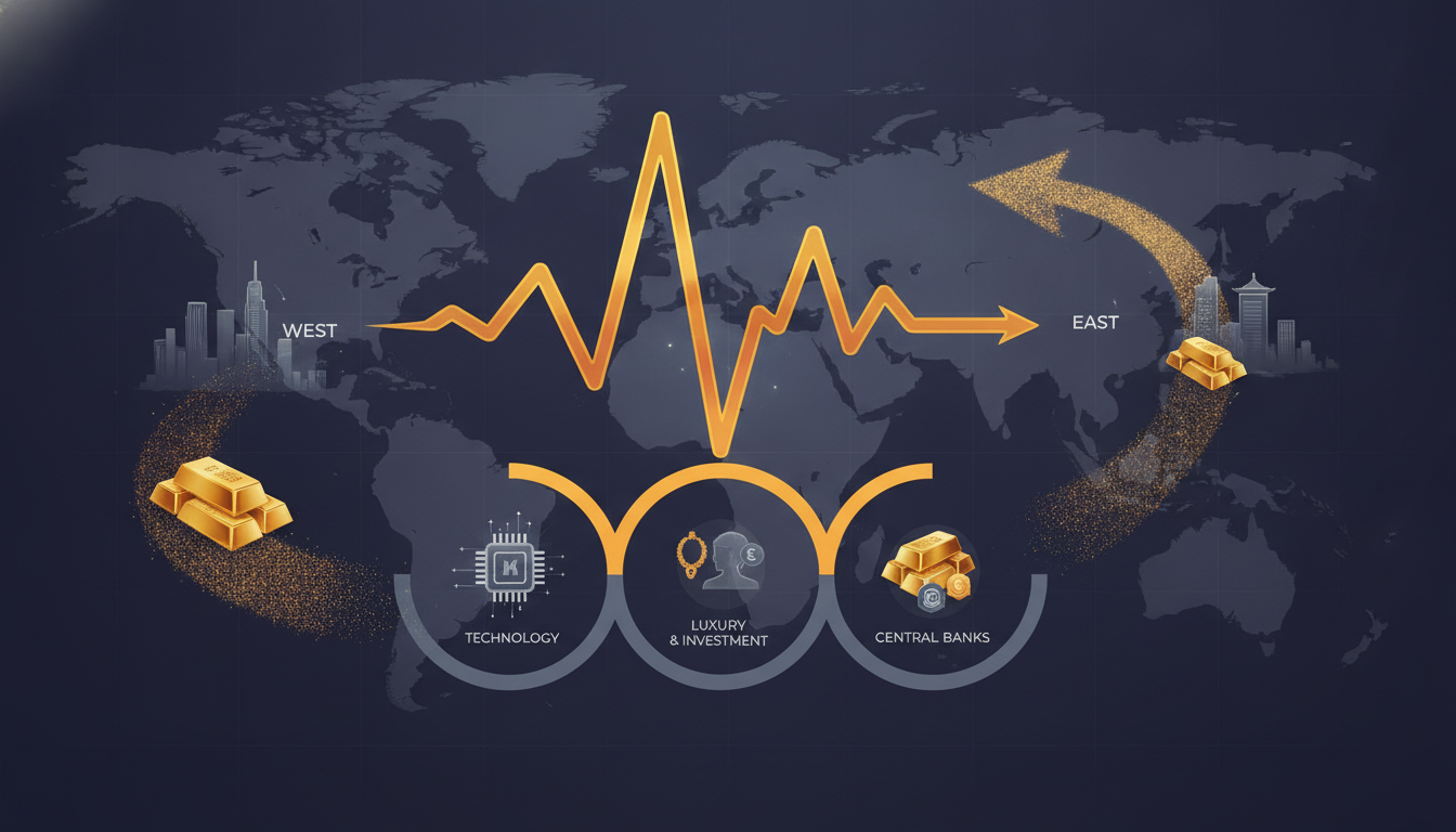 Weltkarte mit goldenem Kursverlauf von West nach Ost sowie Symbolen für Industrie und Banken zur Faszination von Gold.
